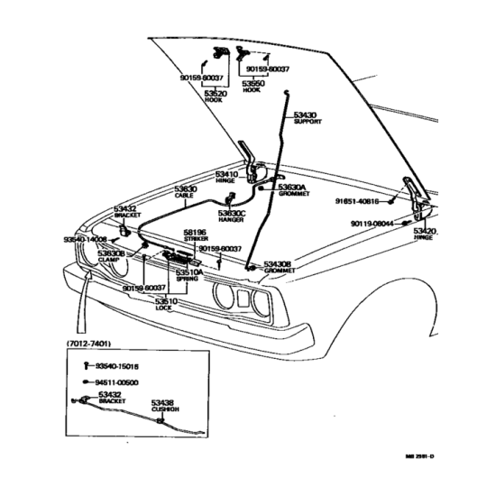 Hood lock control cable Carina TA10-TA14