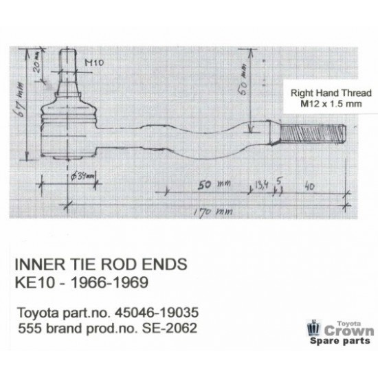 Inner tie rod end, pair, Corolla, Sprinter, KE10, TE10 1966-1969 M12x1,5